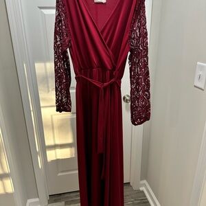 Elegant Burgundy Lace Sleeve Wrap Dress